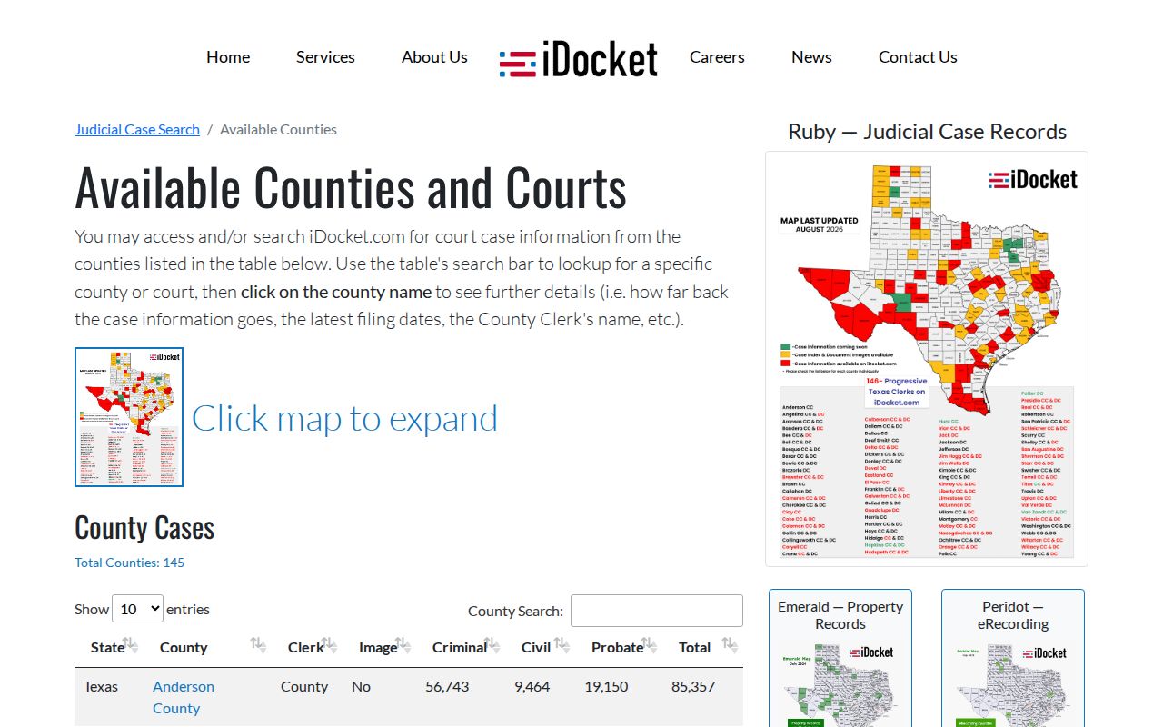 Available-county lookup for Robertson County in iDocket
