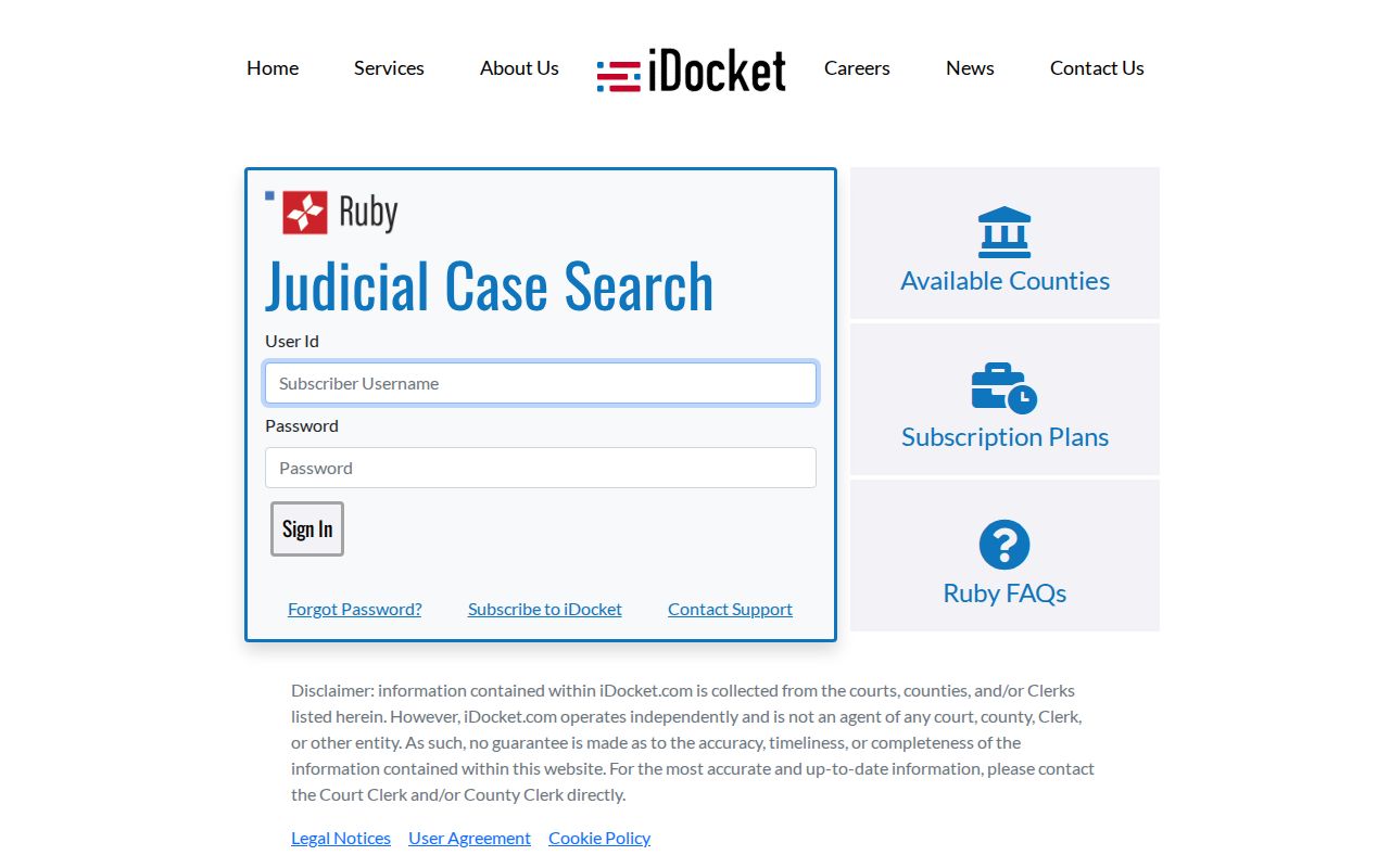 iDocket sign-in fields used for Robertson County case searches
