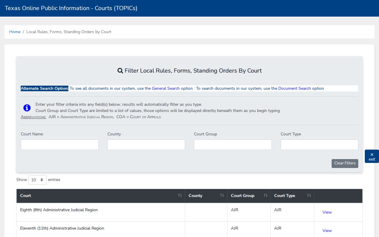 Robertson County criminal docket court-group filters